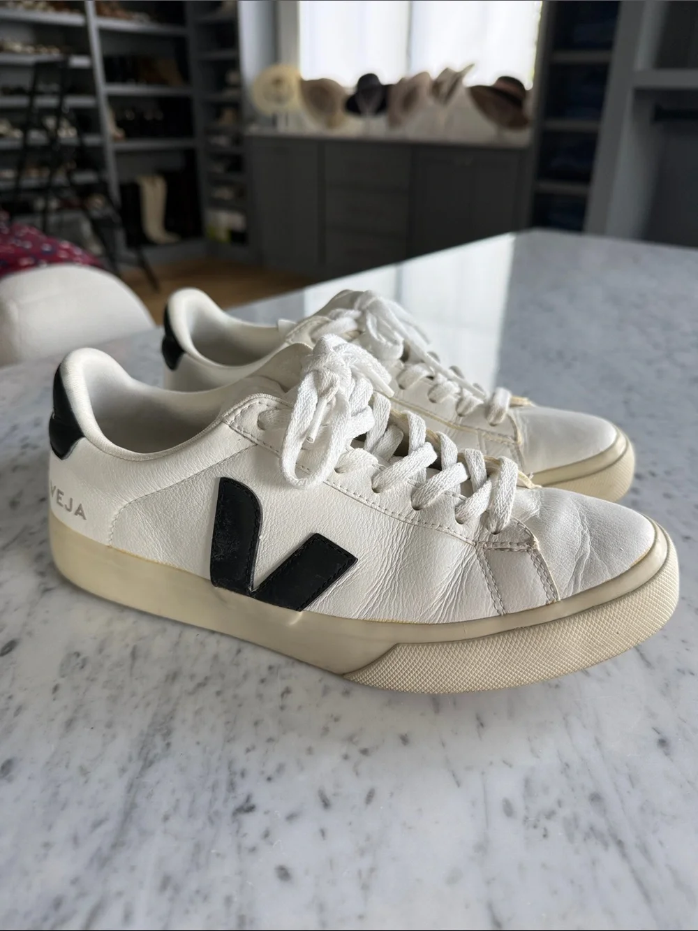 Veja Campos White Leather Sneakers with Black V Accent